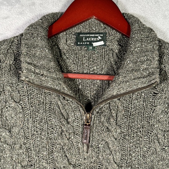 Lauren Ralph Lauren Sweater Womens M Green Hand Knit Wool 1/4 Zip Cable Knit - Picture 2 of 9